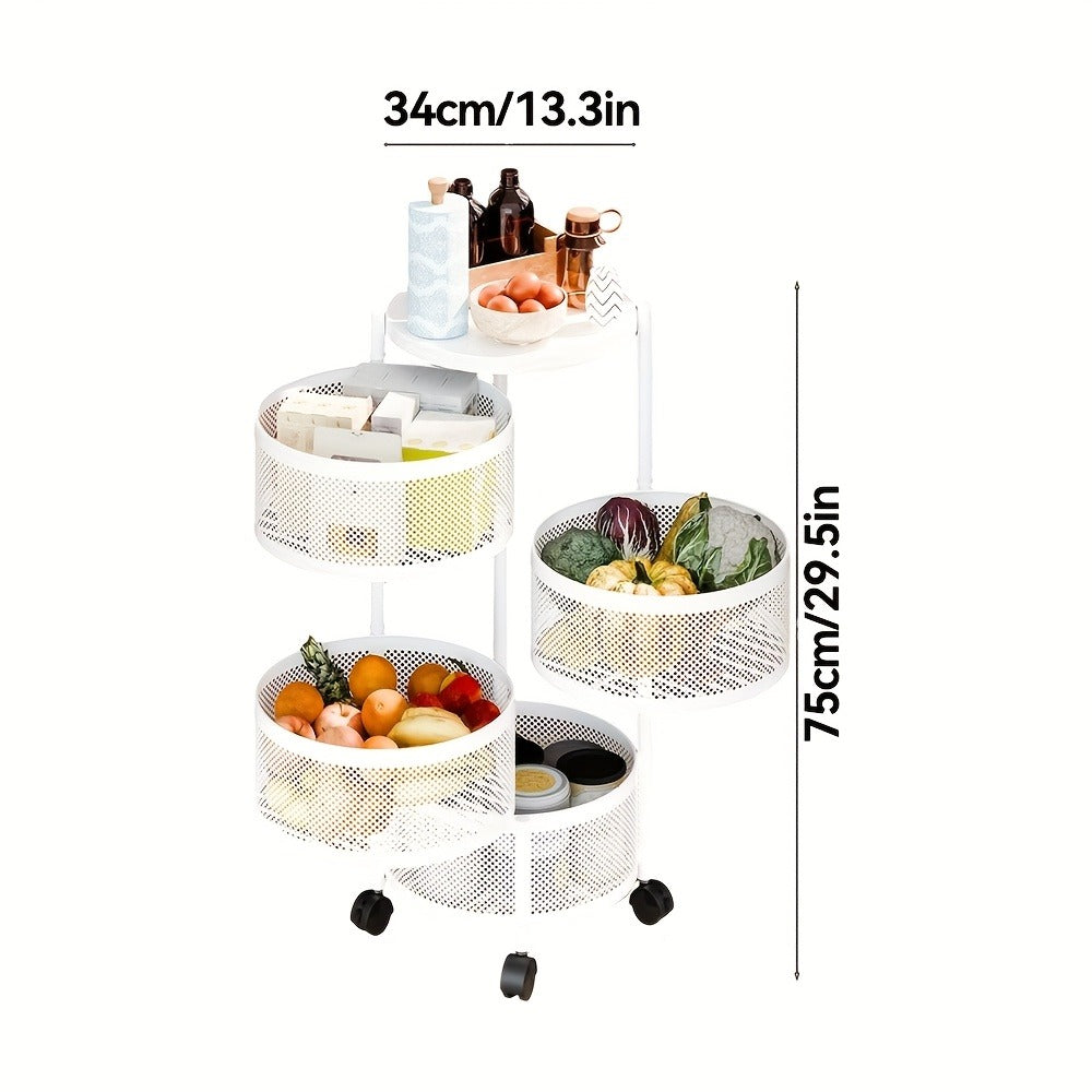 Rotating Storage Rack Multi-Tier Rolling Cart – 360° Swivel Round Floor Standing Organizer with 4 or 5 Layers, Vegetable Basket & File Rack for Kitchen, Bathroom, Office & Living Room (Black / White)
