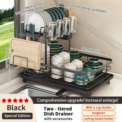 2-Tier Metal Dish Drying Rack with Cutlery Holder Cup Holder & Rust-Proof Drip Tray – Space Saving Countertop Kitchen Organizer
