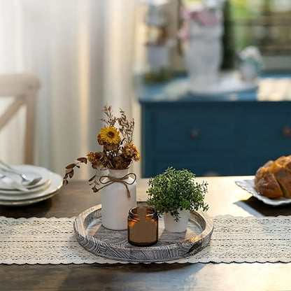 Decorative Tray for Coffee Table – Round Wave-Shaped Centerpiece Tray for Living Room, Dining Room, Kitchen Counter, Bathroom – Rustic Vintage Distressed Finish, Multipurpose Home Decor Tray