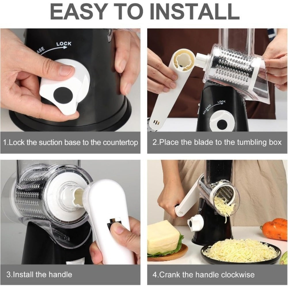 Rotary Cheese Grater with Hand Crank – 3 Interchangeable Blades for Cheese, Vegetables & Nuts, Non-Slip Suction Base, Includes Cleaning Brush – Manual Cheese Shredder for Kitchen (6 Colors)