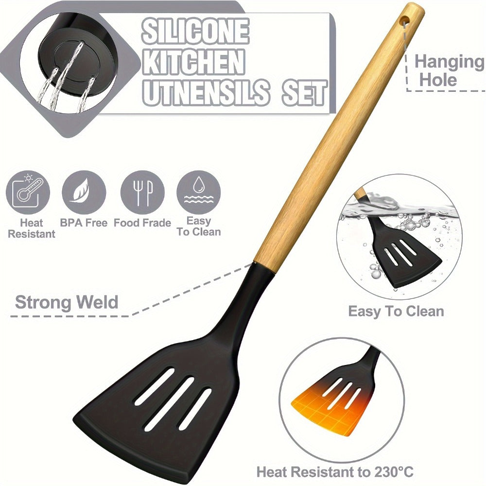 Silicone Kitchen Utensils Set 34-Piece with Holder – Heat Resistant Cooking Spatula Tools for Nonstick Cookware | Wooden Handle Kitchen Gadgets | Father's Day & Housewarming Gift