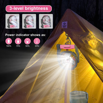 Camping Fan with LED Lantern, 3-in-1 Battery Powered Portable Fan Light for Tent Outdoor, Rechargeable Electric Fan with Timer 360° Rotation, for Camping Hiking Barbecue Travel Emergency