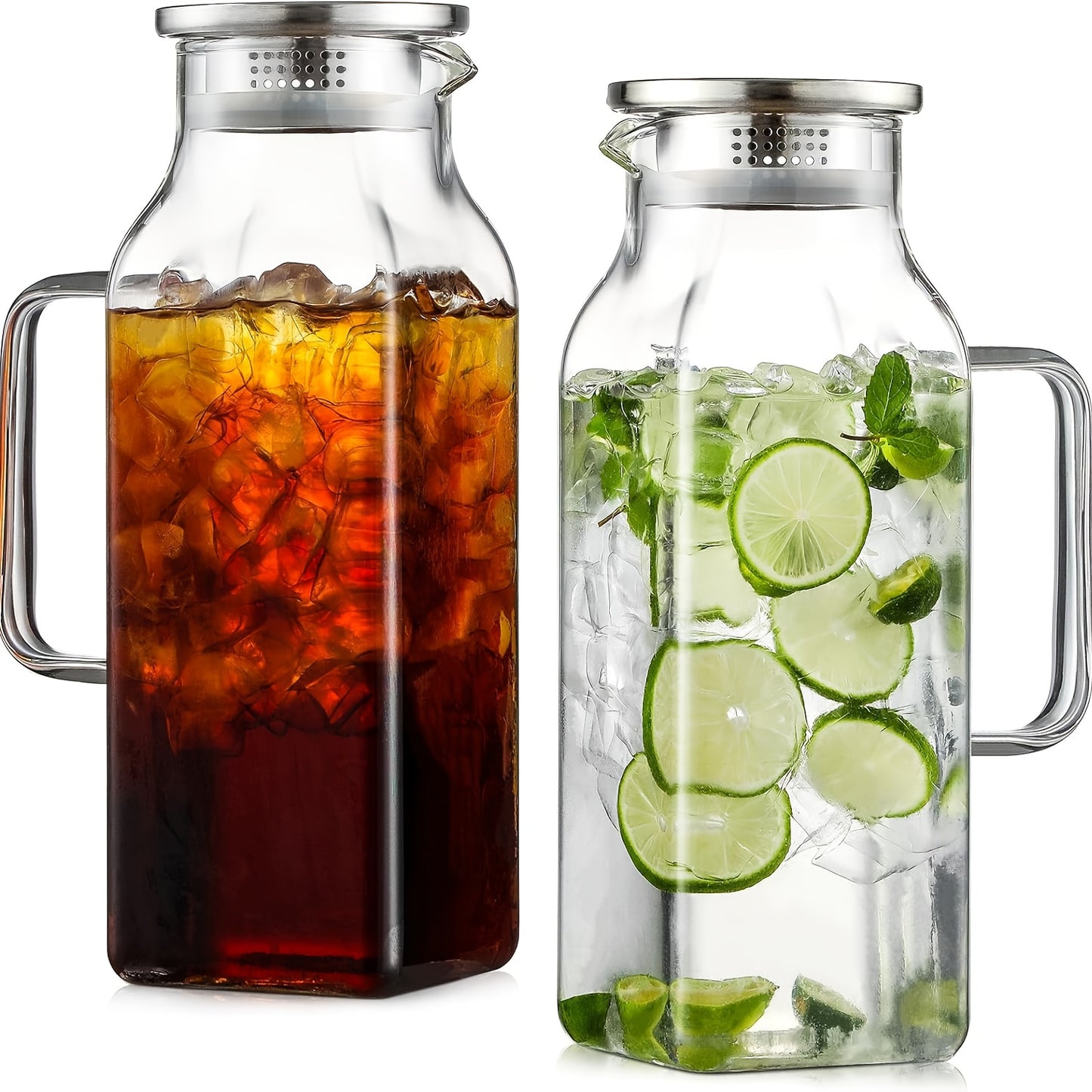 Glass Pitcher with Lid & Handle 2L 68oz – Square Borosilicate Water Jug, Heat Resistant Carafe for Fridge, Iced Tea, Coffee & Cold Drinks – 2 or 4 Pack with Optional 16oz Cups