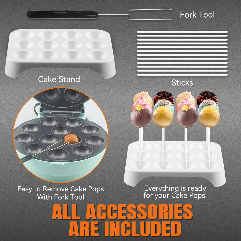 Cake Pop Maker Machine 12-Cavity 1.6 Inch – Electric Cake Pop Set with Flip-Over Even Heating Design, Cake Pop Stand, Sticks & Fork Tool Included, Red & Aqua