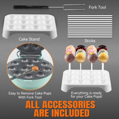 Cake Pop Maker Machine 12-Cavity 1.6 Inch – Electric Cake Pop Set with Flip-Over Even Heating Design, Cake Pop Stand, Sticks & Fork Tool Included, Red & Aqua