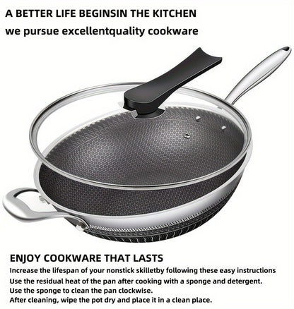 Stainless Steel Wok 13.3 Inch Honeycomb Non-Stick with Lid Spatula & Pot Brush – All Cooktop Compatible Stir Fry Pan | Induction Gas Electric Ceramic | Complete Kitchen Wok Set Cooking Accessories