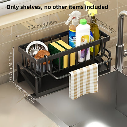 Kitchen Sink Organizer Sponge Holder with Self-Draining Tray Removable Rag Rod Carbon Steel Countertop Storage Rack for Sponges Brushes Soap Bathroom