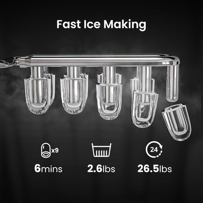 Countertop Bullet Ice Maker 26lbs/24H, 9 Bullet Ice Cubes in 6 Mins, 2 Sizes, Self-Cleaning Portable Ice Machine with Handle Ice Basket & Scoop, for Home Kitchen RV Camping