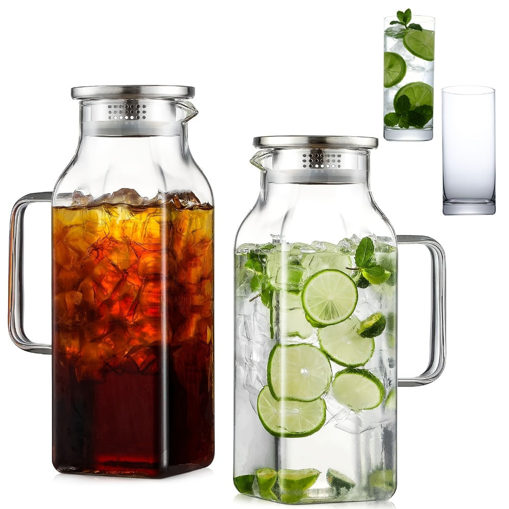 Glass Pitcher with Lid & Handle 2L 68oz – Square Borosilicate Water Jug, Heat Resistant Carafe for Fridge, Iced Tea, Coffee & Cold Drinks – 2 or 4 Pack with Optional 16oz Cups