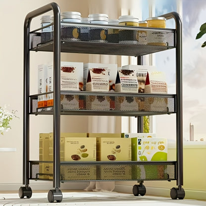 Rolling Storage Cart on Wheels – 3/4/5 Tier Carbon Steel Wire Basket Trolley, Black Metal Utility Cart for Kitchen, Bathroom, Bedroom, Office & Living Room, Space-Saving Detachable Shelving Unit