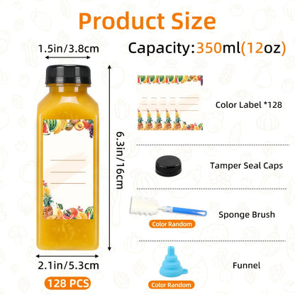 128pcs 12oz Empty Plastic Bottles Bulk | Reusable Clear Juice Containers with Funnel & Brush for Smoothies Ginger Tea Coffee