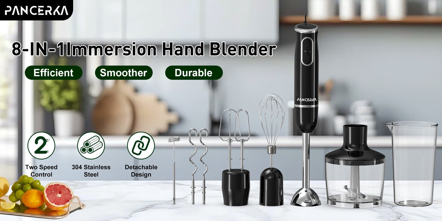 Immersion Blender 8-in-1 Electric Hand Blender with Turbo Mode & Detachable Base – 304 Stainless Steel Handheld Blender with Whisk Milk Frother Attachments for Smoothies Soups Baby Food Puree