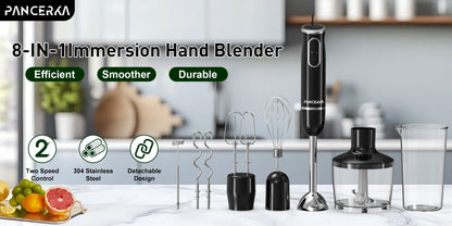 Immersion Blender 8-in-1 Electric Hand Blender with Turbo Mode & Detachable Base – 304 Stainless Steel Handheld Blender with Whisk Milk Frother Attachments for Smoothies Soups Baby Food Puree