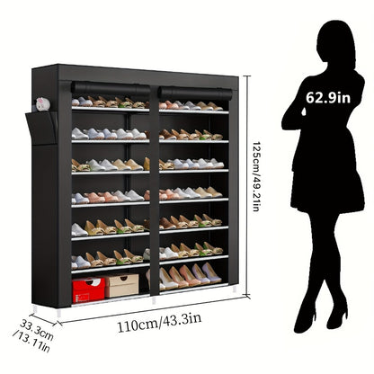 Shoe Rack Organizer 9 Tier Double Row Large Capacity Holds 42 Pairs Nonwoven Fabric Dust Cover Portable Shoe Cabinet Space Saving Easy Assembly for Home Bedroom Closet Dormitory Black