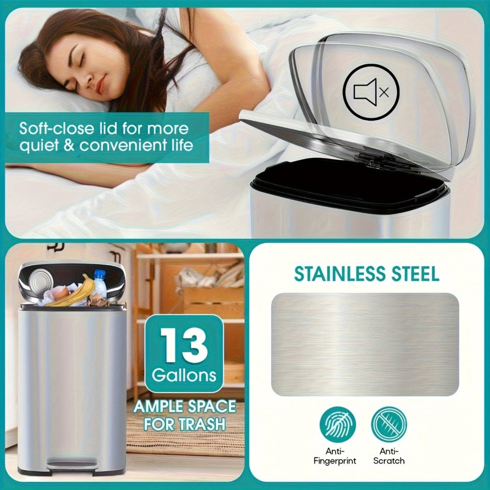 Stainless Steel Trash Can with Pedal & Removable Inner Bucket Fingerprint-Proof Kitchen Garbage Can with Hinged Lid – 5L / 30L / 50L / 13 Gallon for Kitchen, Home & Office