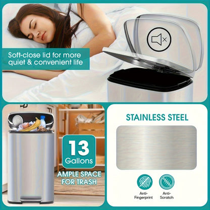 Stainless Steel Trash Can with Pedal & Removable Inner Bucket Fingerprint-Proof Kitchen Garbage Can with Hinged Lid – 5L / 30L / 50L / 13 Gallon for Kitchen, Home & Office