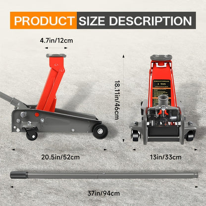 3 Ton Floor Jack with Wheels Rapid Pump Low Profile Car Jack 5.31"-18.11" Lift Range 460mm Max Height – Heavy Duty Hydraulic Floor Jack for SUV Truck Sedan, Blue & Red Available