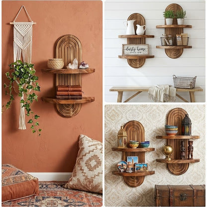 Floating Shelves Wood 2-Tier Bohemian Rainbow Arch Wall Shelf Hanging Plant Stand Flower Pot Display Rack Living Room Bedroom Kitchen Entryway Decor