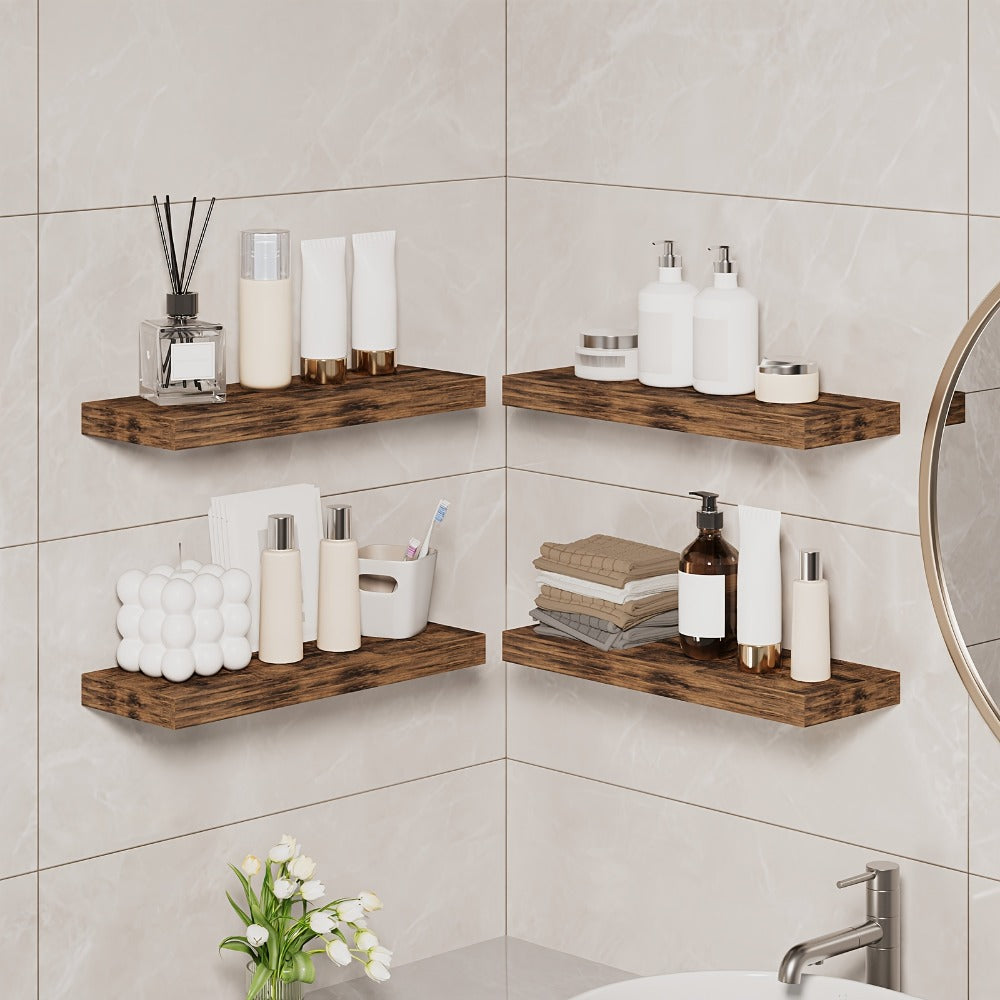Floating Shelves for Wall 4/8pcs 15.8 Inch, Rustic Wood Wall Shelves with Invisible Brackets, Wall Mounted Display Shelf for Home Decor, Living Room, Bedroom, Bathroom – Walnut, Brown, Black, White, Gray