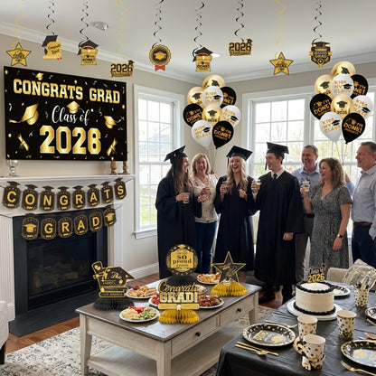 2026 Graduation Decorations Set – Congrats Grad Banner, Backdrop, Hanging Swirls & Honeycomb Table Toppers, Class of 2026 Party Supplies Kit