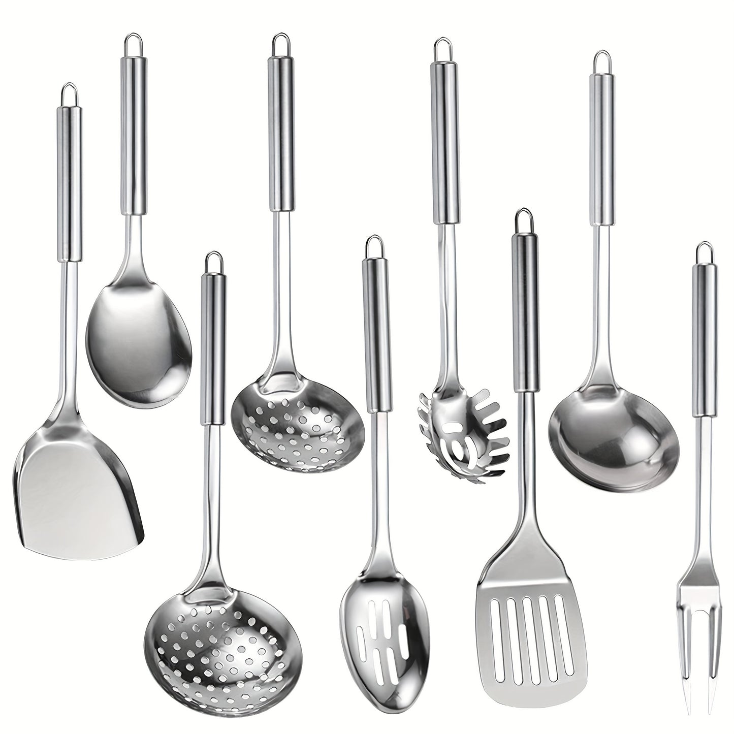 Stainless Steel Cooking Utensil Set 9 Piece for Nonstick Cookware – 304 Grade, Heat Resistant Ergonomic Handles, Dishwasher Safe, Space Saving Kitchen Tools with Hanging Holes for Home & Professional Chefs