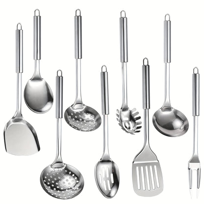 Stainless Steel Cooking Utensil Set 9 Piece for Nonstick Cookware – 304 Grade, Heat Resistant Ergonomic Handles, Dishwasher Safe, Space Saving Kitchen Tools with Hanging Holes for Home & Professional Chefs