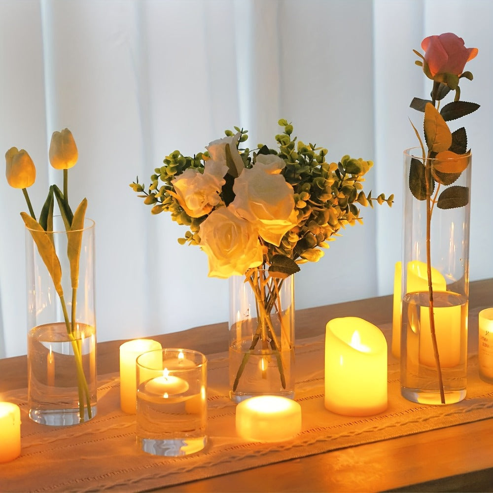 Glass Cylinder Vases Set 12 or 24pcs Clear Tall Flower Vase Candle Holder 4 Sizes for Wedding Centerpieces Home Decor Party Table Decoration DIY Candle Making