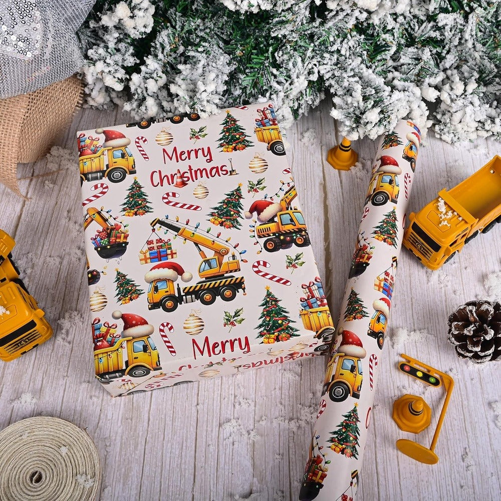 Christmas Wrapping Paper Construction Vehicles - Dump Trucks Excavators Tractors Gift Wrap for Boys Girls, 58"x23" Roll (28.5 Sq Ft)