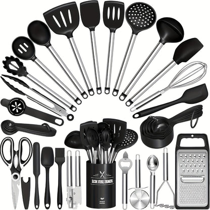 Silicone Cooking Utensils Set 34 Piece with Stainless Steel Handle, Heat Resistant Kitchen Gadgets Tools for Nonstick Cookware, Spatulas Spoons Tongs Whisk Complete Kitchen Accessories Gift Set