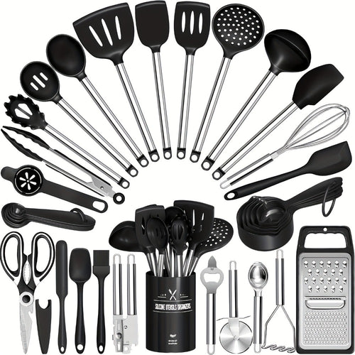 Silicone Cooking Utensils Set 34 Piece with Stainless Steel Handle, Heat Resistant Kitchen Gadgets Tools for Nonstick Cookware, Spatulas Spoons Tongs Whisk Complete Kitchen Accessories Gift Set