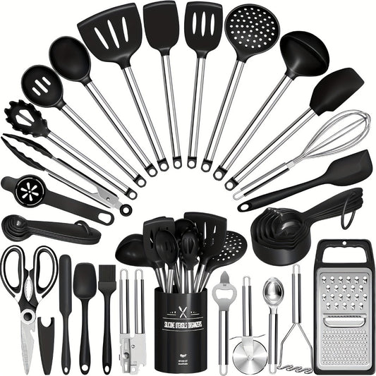 Silicone Cooking Utensils Set 34 Piece with Stainless Steel Handle, Heat Resistant Kitchen Gadgets Tools for Nonstick Cookware, Spatulas Spoons Tongs Whisk Complete Kitchen Accessories Gift Set