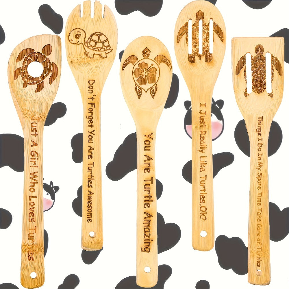 Wooden Cooking Spoons Utensils Set 5 Pcs – Carved Animal Bamboo Kitchen Gadgets Non-Stick Spatula Kit, Turtle Design Farmhouse Decor, Housewarming Christmas Gift for Cooking Enthusiasts