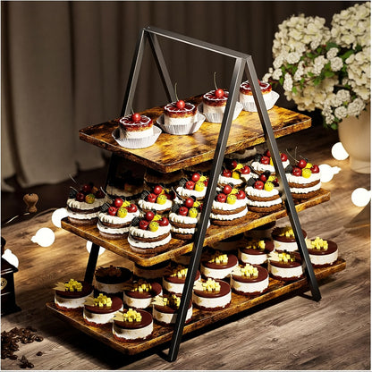 3-Tier Wooden Cupcake Stand – Holds 50 Cupcakes, Dessert Display Rack for Wedding, Birthday Party & Halloween, Rustic Wood Cake Stand in Black, White & Brown