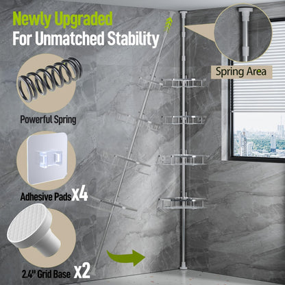 Corner Shower Caddy Tension Pole No Drilling Shower Organizer Shelf with Hooks for Bathroom Bathtub Shampoo Soap Storage Adjustable Height Rustproof
