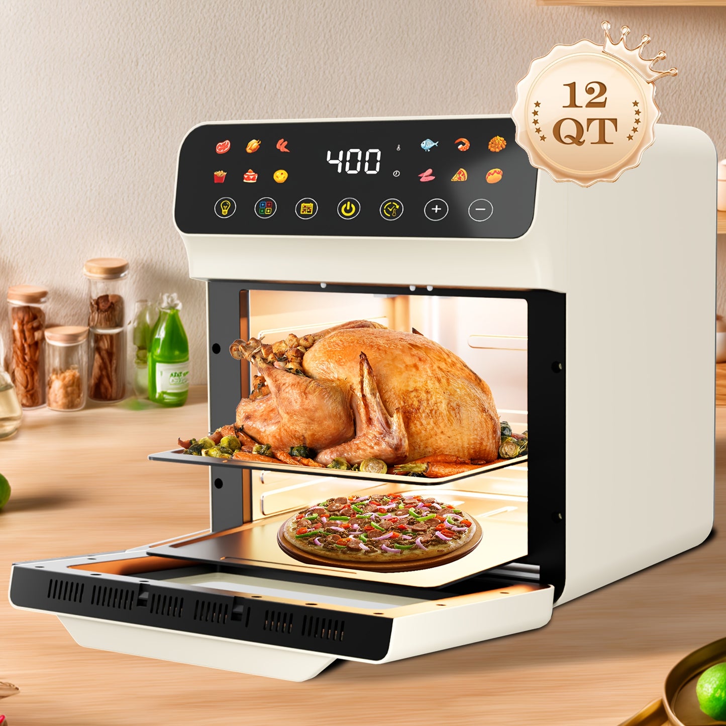 Air Fryer Convection Oven 12QT – 12-in-1 Multi-Function, Touchscreen, Visible Window, Oil-Free Non-Stick Basket, One-Touch Operation, Baking, Roasting, Dehydrating & Fast Cooking