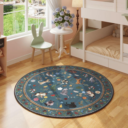 Boho Cat Floral Area Rug – Vintage Blue Animal Print Low Pile Carpet, Non-Slip Soft Rug for Living Room, Bedroom & Dining Room, Round & Runner Sizes, Easy Clean