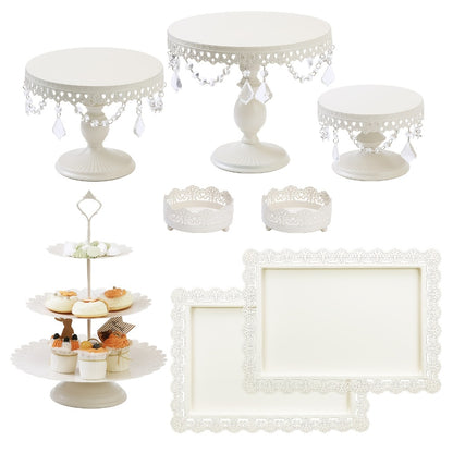 Cake Stand Set of 8 with Crystal Pendants 3-Tier Cupcake Tower Metal Dessert Display for Wedding Birthday Baby Shower Party Decor