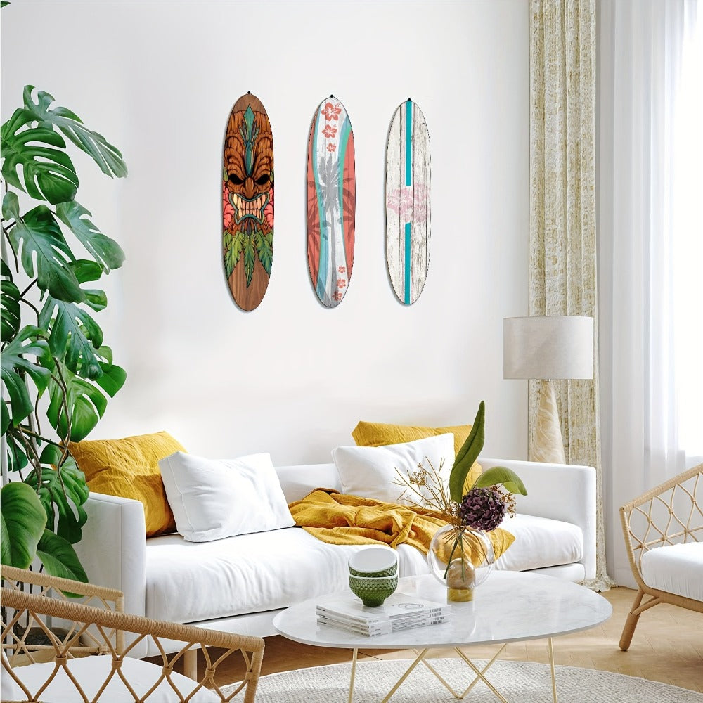 Wooden Surfboard Wall Art 15.74" – Rustic Tropical Beach Decor with Hibiscus & Tiki Mask Design, Frameless Recycled Wood Wall Hanging for Hawaiian Bar, Home, Summer & Vacation Theme Decor