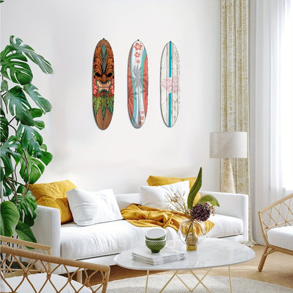 Wooden Surfboard Wall Art 15.74" – Rustic Tropical Beach Decor with Hibiscus & Tiki Mask Design, Frameless Recycled Wood Wall Hanging for Hawaiian Bar, Home, Summer & Vacation Theme Decor