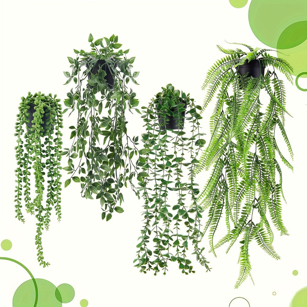Artificial Hanging Plants 4 Pack – Fake Trailing Vines for Indoor Outdoor Wall Shelf Room Decor, Realistic Faux Rose Greenery Hanging Basket Decoration