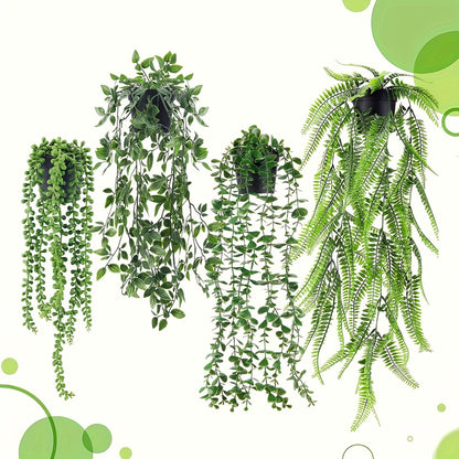 Artificial Hanging Plants 4 Pack – Fake Trailing Vines for Indoor Outdoor Wall Shelf Room Decor, Realistic Faux Rose Greenery Hanging Basket Decoration