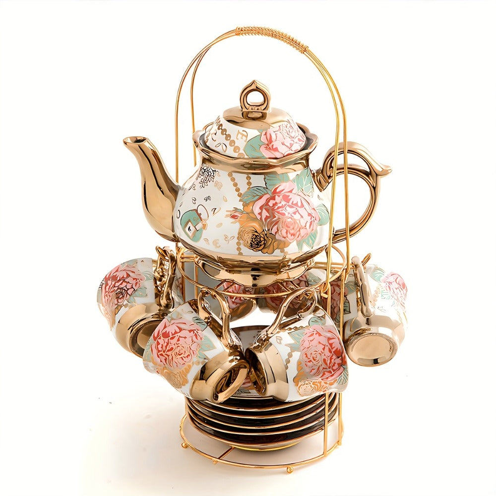 20-Piece Floral Ceramic Tea Set with Saucers & Metal Stand | European Afternoon Tea Service, Blooming Design, Complete Tea Accessories, Gift for Tea Lovers