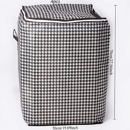 4pcs Large Storage Box Set with Lid & Handle – Black White Checkered, Stackable, Thickened Lining, Double Zipper, Under-Bed & Moving Organizer