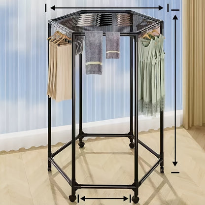 Rotating Clothes Rack Freestanding Vertical Clothing Hanging Rack Space Saving Laundry Rack with Mesh Bag Black White Rotatable Garment Rack for Small Apartment Bedroom Closet