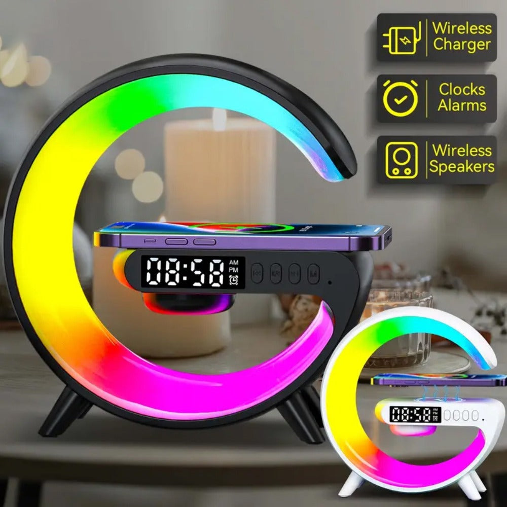 Wireless Charger with RGB Night Light – 4-in-1 Bluetooth Speaker Alarm Clock Wake Up Light, 256 RGB Colors, Qi Fast Charging for iPhone Samsung, Bedside Nightstand Lamp