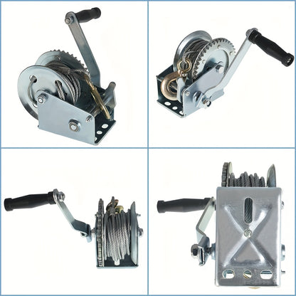 Manual Hand Winch Heavy Duty Carbon Steel 800-1600 lbs - Double Brake Safety System, Strap Winch with Mooring Hook & Safety Pawl, for Boat, ATV, Trailer, Farm, Garage & Industrial Pulling Tasks