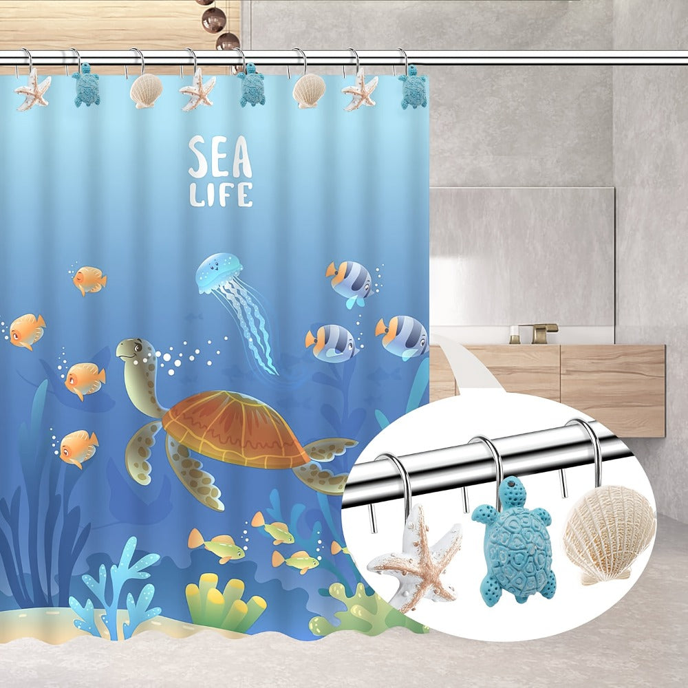12pcs Resin Marine Shower Curtain Hooks – Blue Turtle & Starfish Shell Decorative Bathroom Curtain Ring Hangers Home Decor Accessories