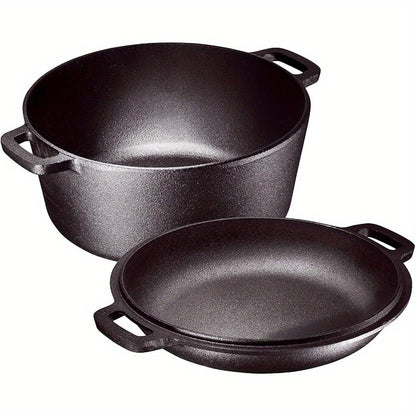 Cast Iron Dutch Oven 5 Quart Pre-Seasoned with Skillet Lid | 2-in-1 Non-Stick Crock Pot with Handles for Braising, Roasting & Casserole – All-in-One Cookware, Black