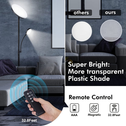 LED Floor Lamp with Reading Light – 27W 2300LM Dimmable Torchiere Standing Lamp, 4 Color Temperatures, Remote & Touch Control, Metal Base for Living Room Bedroom Home Office (Black/White)