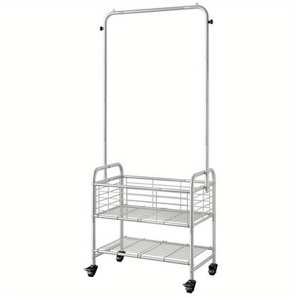 Rolling Laundry Basket with Wheels and Hanging Rack, Laundry Sorter Cart with Shelf and Locking Casters, Heavy Duty Steel Frame, Multifunctional Clothes Hamper for Laundry Room Bedroom Bathroom, White Black Silver